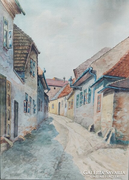 Heigl marked (professional) watercolor painting, Tabán street scene