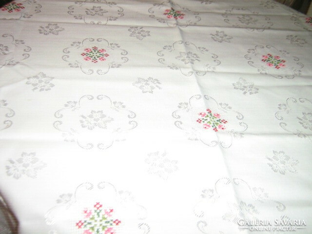 Beautiful damask tablecloth with white lace edge hand-embroidered tiny cross-stitch flowers