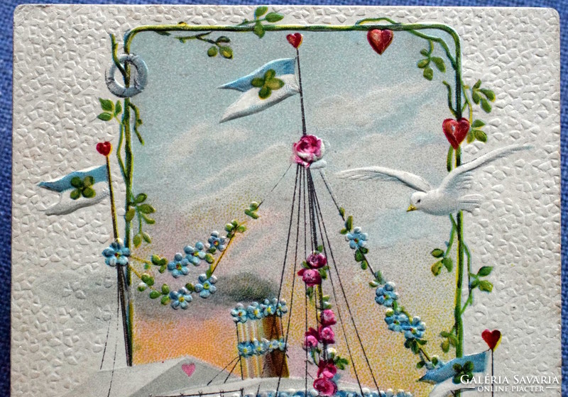 Antik dombornyomott Újévi üdvözlő litho képeslap - gőzhajó rózsa nefelejcs  sirály