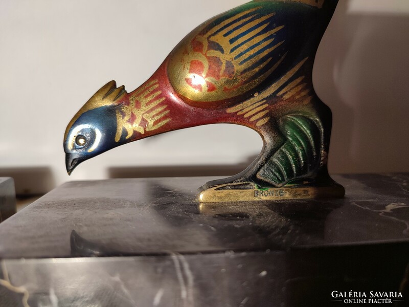 Pair of painted bronze bird bookends on marble bases