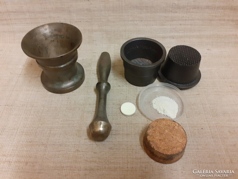 Old marked (cccp) apothecary copper mortar and cast iron hand grinding jar, hand mill