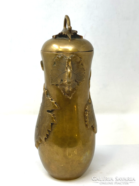 Marked Melocco Miklós copper vase with lid, urn with plastic grape leaf decoration