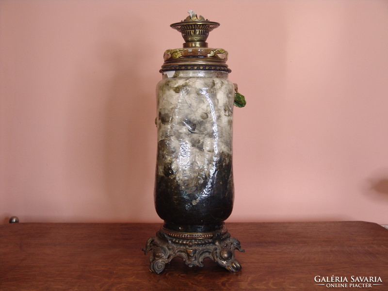 Huge special French majolica kerosene lantern