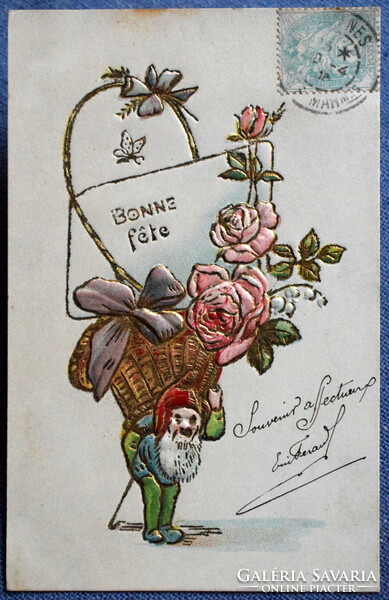 Antique embossed greeting litho postcard - dwarf gold basket with roses inside