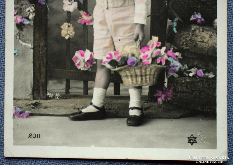 Antik  üdvözlő fotó képeslap - kisfiú virágos kosárral  1909ből