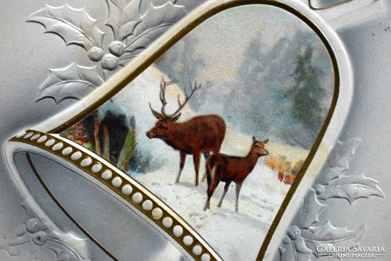 Antique embossed Christmas litho postcard - deer / deer winter landscape, in bell