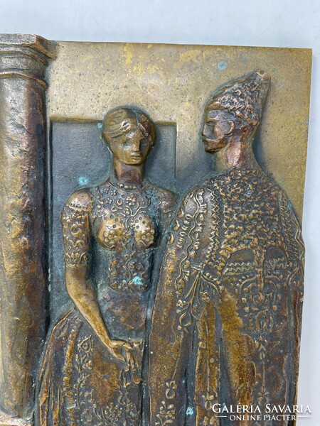 Nagy István János gyönyörűen kidolgozott jelzett, bronz relief: Juhász a szerelmesével