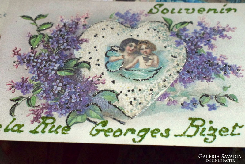 Antik glitteres litho képeslap - tündérkék virág szívben madár orgona  / érdekes reklámmal