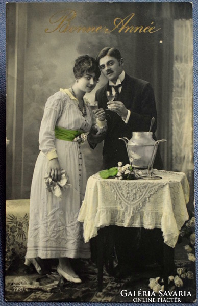 Antique New Year greeting photo postcard - elegant couple from 1921