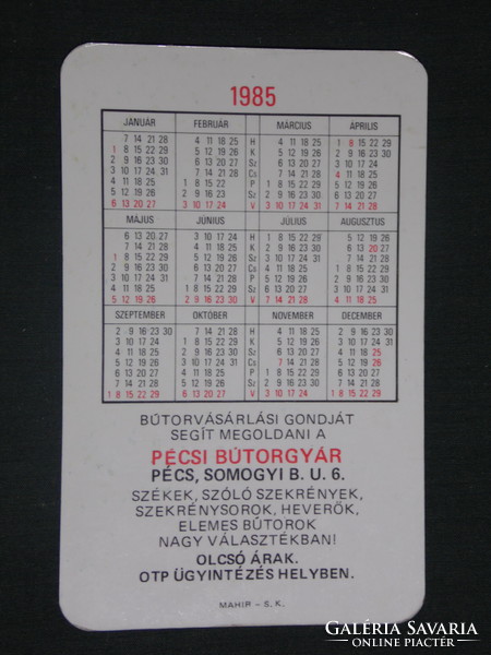 Kártyanaptár, Pécs bútorgyár, Pannónia szekrénysor, 1985 ,  (1)