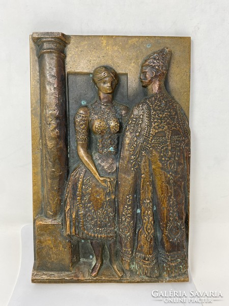 Nagy István János gyönyörűen kidolgozott jelzett, bronz relief: Juhász a szerelmesével