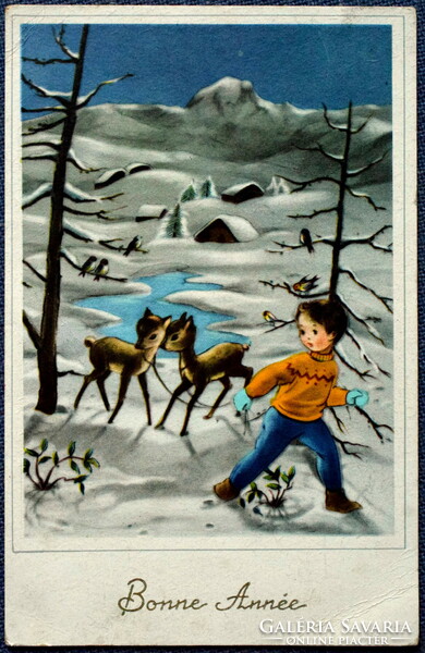 Retro New Year greeting card - winter landscape deer little child