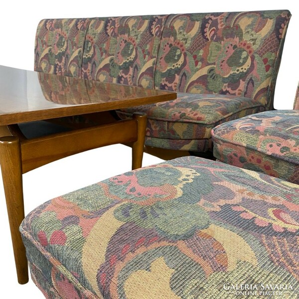 Mid-century club set. Sofa + 2 armchairs + footstool + table - 1960/70 - original cover