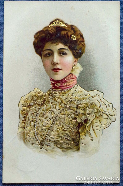 Antik arannyal préselt litho képeslap - szép hölgy portréja diadémmal   1906ból