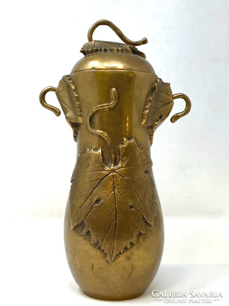 Marked Melocco Miklós copper vase with lid, urn with plastic grape leaf decoration