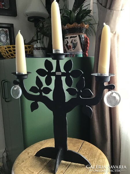 Old boda smide handmade Swedish wrought iron candle holder with glass ornaments