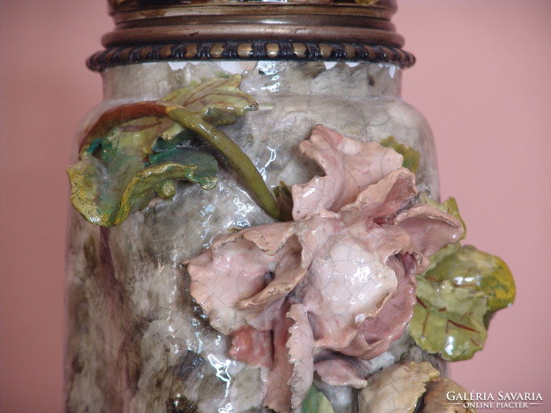 Huge special French majolica kerosene lantern