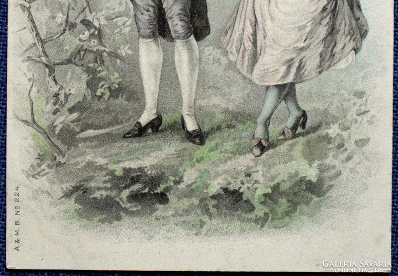 Antik A&M B  grafikus üdvözlő litho képeslap - szerelmes pár  1909ből