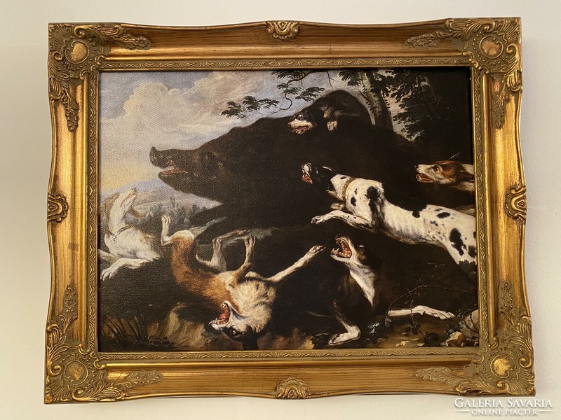 Hunting scene - print in an antique gold frame - doe hunting, wild boar drive