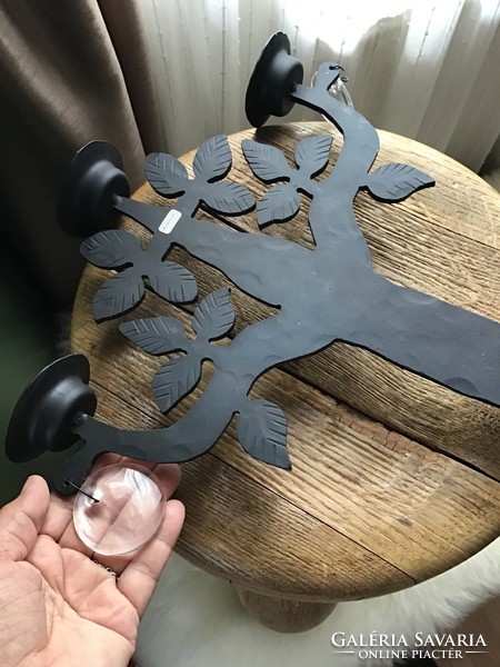 Régi BODA SMIDE kézműves svéd kovácsoltvas gyertyatartó üveg díszekkel