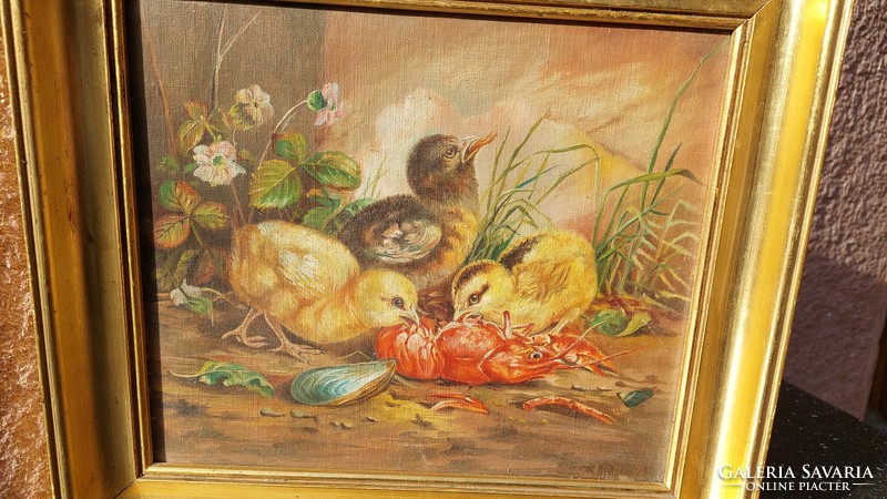 Signed oil on cardboard painting, birds feasting on lobster