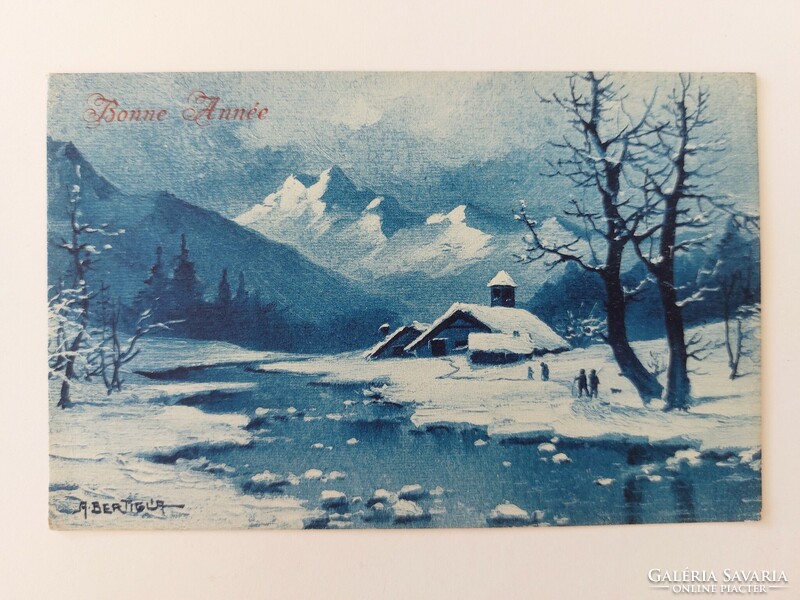 Old New Year postcard with snowy landscape
