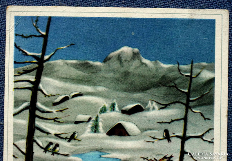 Retró  Újévi üdvözlő képeslap - téli táj őzike  kisgyerek
