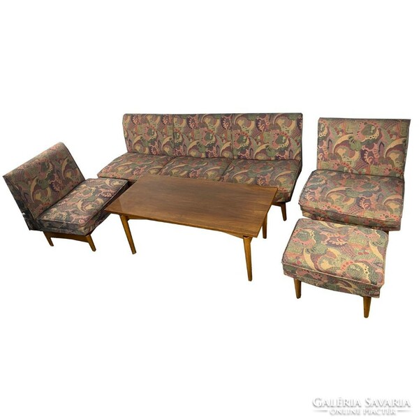 Mid-century club set. Sofa + 2 armchairs + footstool + table - 1960/70 - original cover