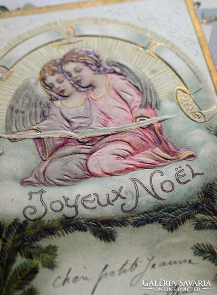 Antik dombornyomott Karácsonyi  üdvözlő litho képeslap -  éneklő angyalkák fenyőág