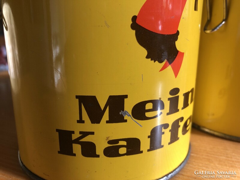 2db régi Julius Meinl csatos kávés doboz, fém doboz műanyag tetővel