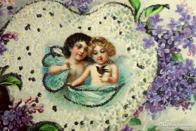 Antique glitter litho postcard - fairy blue flower in heart bird organ / with interesting advertisement