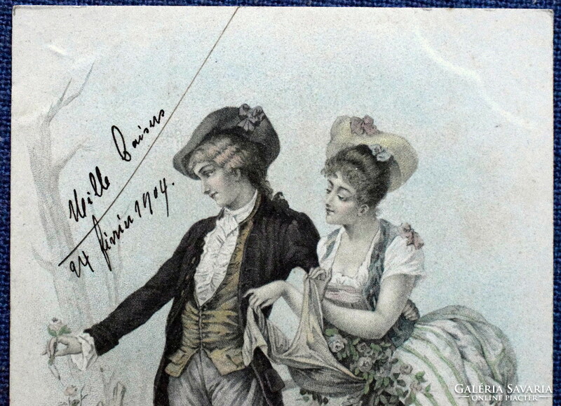Antique a&m b graphic greeting litho postcard - couple in love from 1909