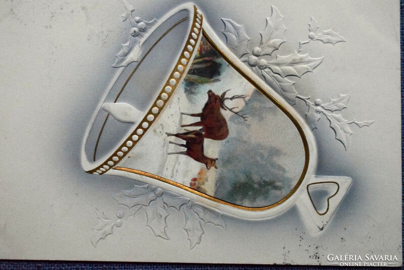 Antique embossed Christmas litho postcard - deer / deer winter landscape, in bell