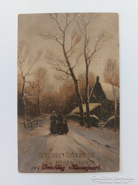Old Christmas card postcard evening snowfall