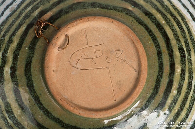 Glass-glazed ceramic bowl painted by István Gádor - decorative wall bowl