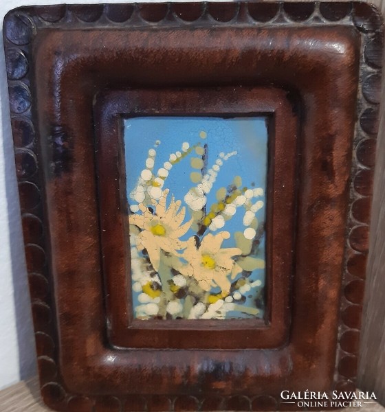 Lászlón Ács - yellow flowers - fire enamel picture in a leather frame