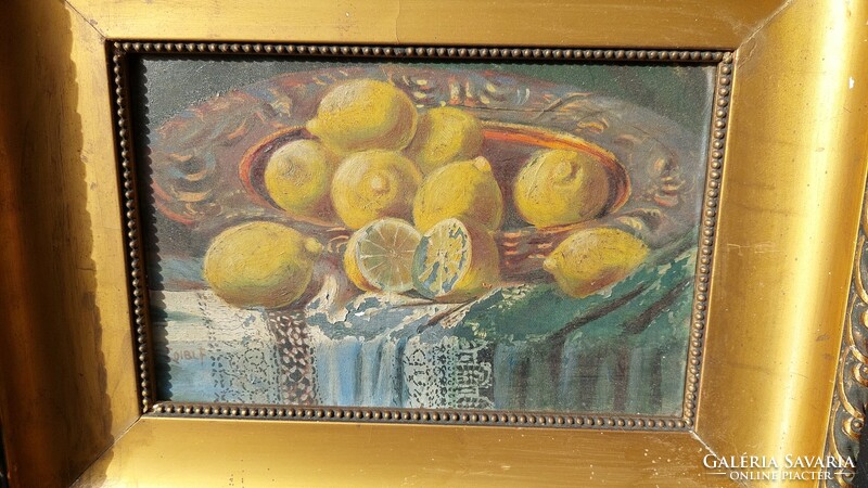 Signed, old oil on canvas lemon still life painting