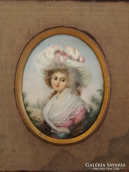 Hand-painted porcelain miniature female portrait painting in a frame