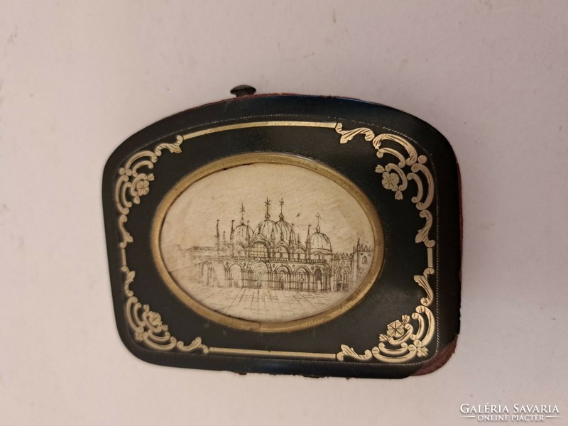 Antique wallet Venice St. Mark's square with ink painting on bone