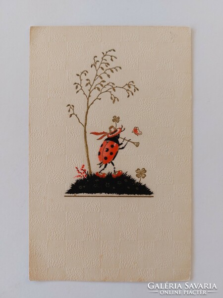 Old postcard embossed postcard singing ladybug