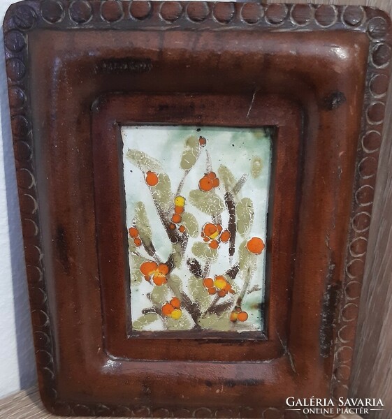 Mrs. Lászlón Carpenter - flowers - fire enamel picture in a leather frame