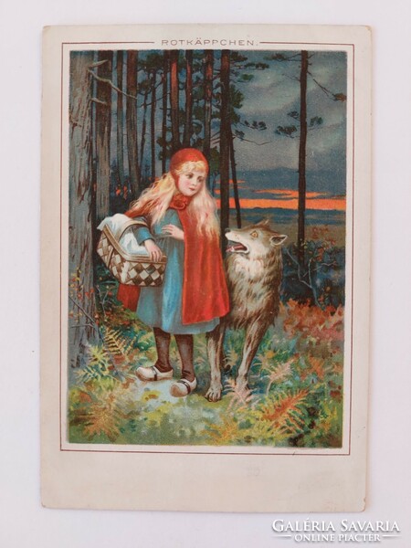 Old postcard 1932 fairytale postcard Little Red Riding Hood and the Wolf