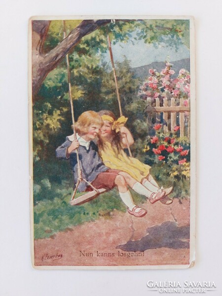 Old postcard 1932 postcard children swinging