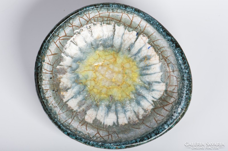 Glass-glazed ceramic bowl painted by István Gádor - decorative wall bowl