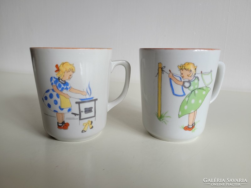 2 Old Zsolnay mugs, tea mugs, tea mugs, tea cups, little girls' patterned mugs, children's mugs