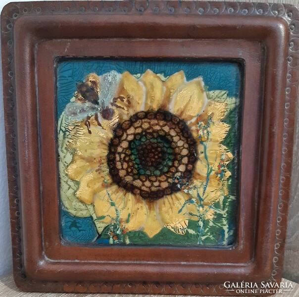 Mrs. Lászlón Carpenter - sunflowers - fire enamel picture in a leather frame
