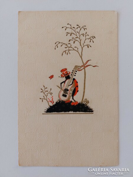 Old postcard embossed postcard singing ladybug