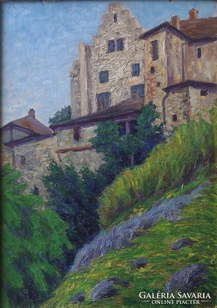 Sunny part of town. Marked oil painting: k. K. 1914!
