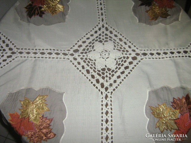 Beautiful handmade crocheted organza insert sewn leaf patterned special tablecloth