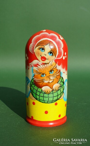 Old rare painted 5-piece Russian matryoshka doll girl with a cat